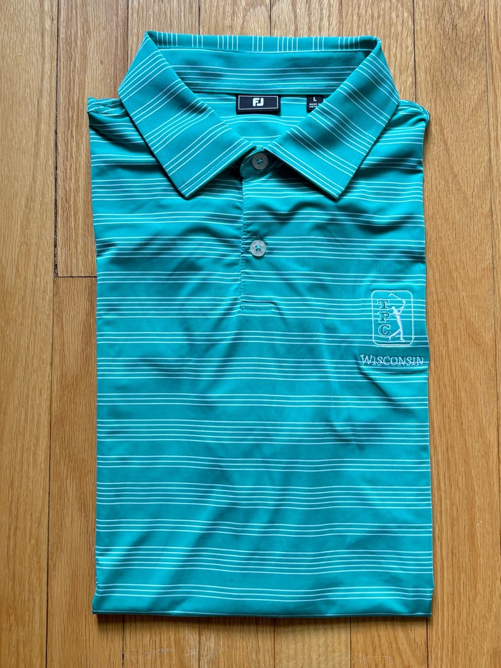 FootJoy Golf Mens Short Sleeve Golf Polo Shirt Large Green Stripes TPC Wisconsin